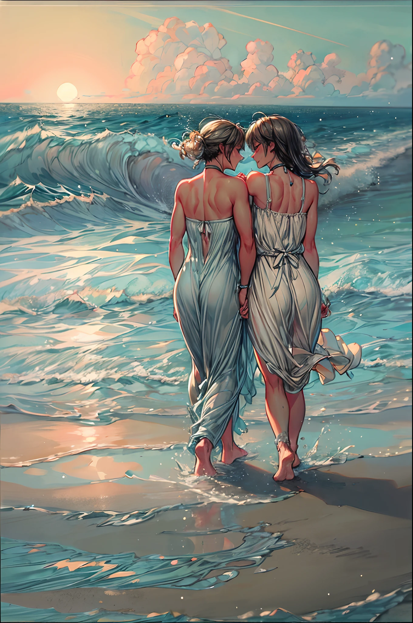 An einem mondbeschienenen Strand, zwei Frauen gehen Hand in Hand entlang der Küste, die Wellen plätschern sanft an ihre nackten Füße. Das silbrige Licht spiegelt sich im Wasser, ein romantischer Glanz auf ihre Gesichter. Mit den funkelnden Sternen am Himmel und dem fernen Klang der brechenden Wellen, Ihre Lippen treffen sich in einem zärtlichen Kuss voller Sehnsucht und Verbundenheit. Die salzige Brise trägt ihr Lachen und den Duft des Meeres, umhüllt sie mit einem heiteren und leidenschaftlichen Moment. Die Szene ist verträumt eingefangen, Soft-Fokus-Stil mit Pastellfarben und sanften Pinselstrichen, die zeitlose Natur ihrer Liebe vermitteln.