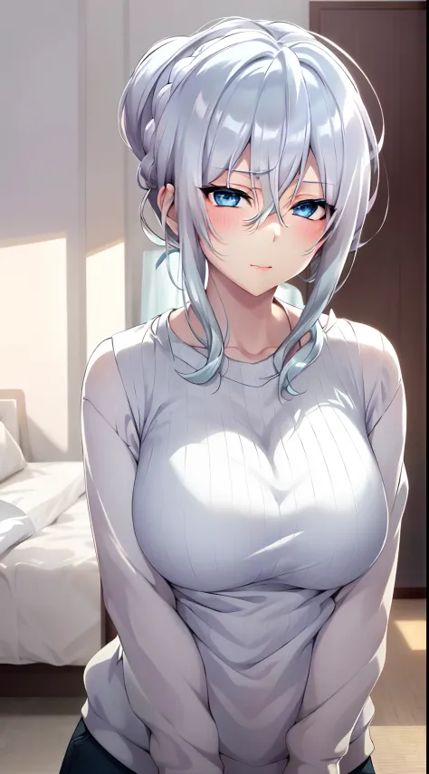 in bed, silver hair and  blue eyes, short hair, white shirt and no bra, anime visual of a cute girl, screenshot from the anime f...