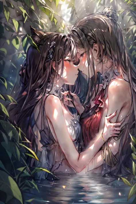Two young women embracing under a cascading waterfall in a hidden jungle oasis, their lips meeting in a passionate kiss. Sunligh...