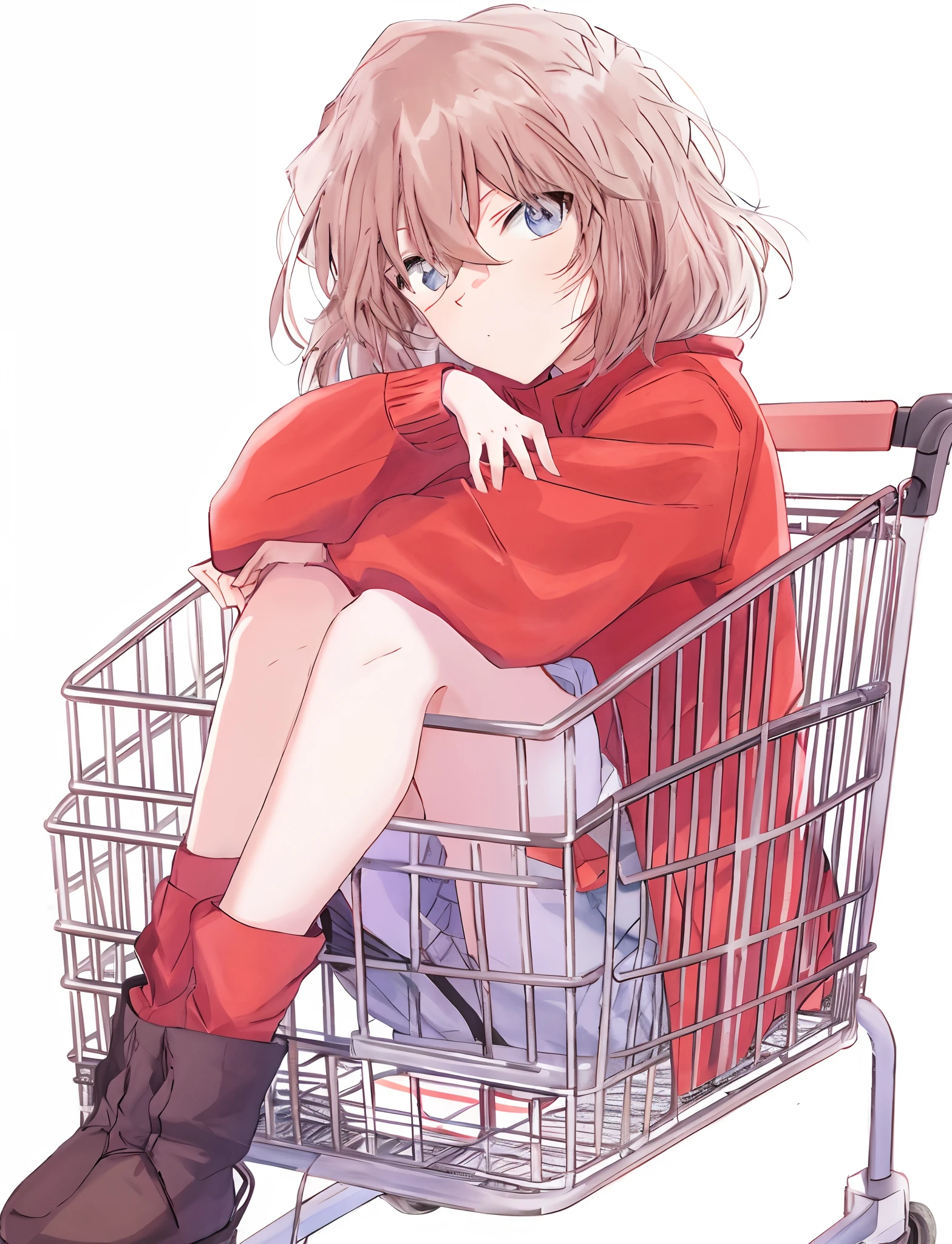 Gray plains mourn，Sit in the shopping cart，Legs crossed, Anime style portrait