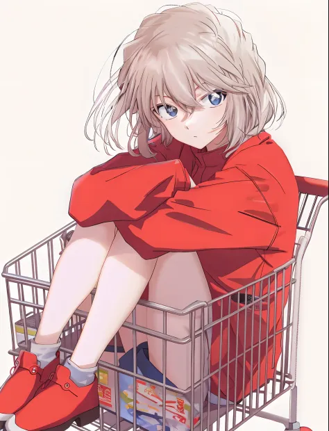 gray plains mourn，sit in the shopping cart，legs crossed, anime style portrait