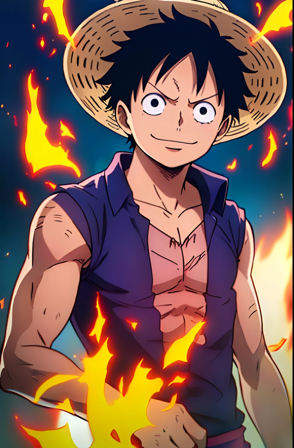 1boy, wanostyle, monkey d luffy, smiling, straw hat, looking at viewer, solo, upper body, ((masterpiece)), (best quality), (extremely detailed), depth of field, sketch, dark intense shadows, sharp focus, soft lighting, hdr, colorful, good composition, fire all around, spectacular, closed shirt, anime screencap, scar under eye, ready to fight, black eyes