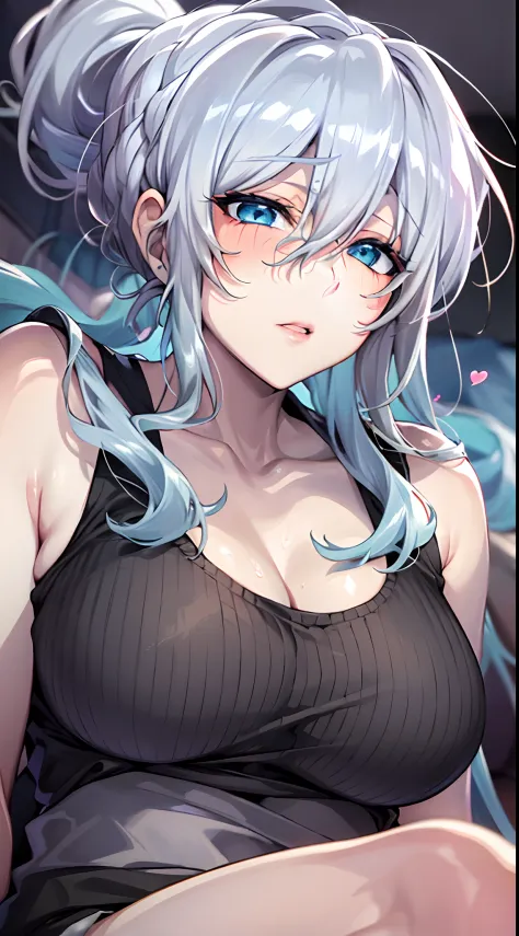 in bed, silver hair and  blue eyes, black shirt and no bra, anime visual of a cute girl, screenshot from the anime film, & her e...