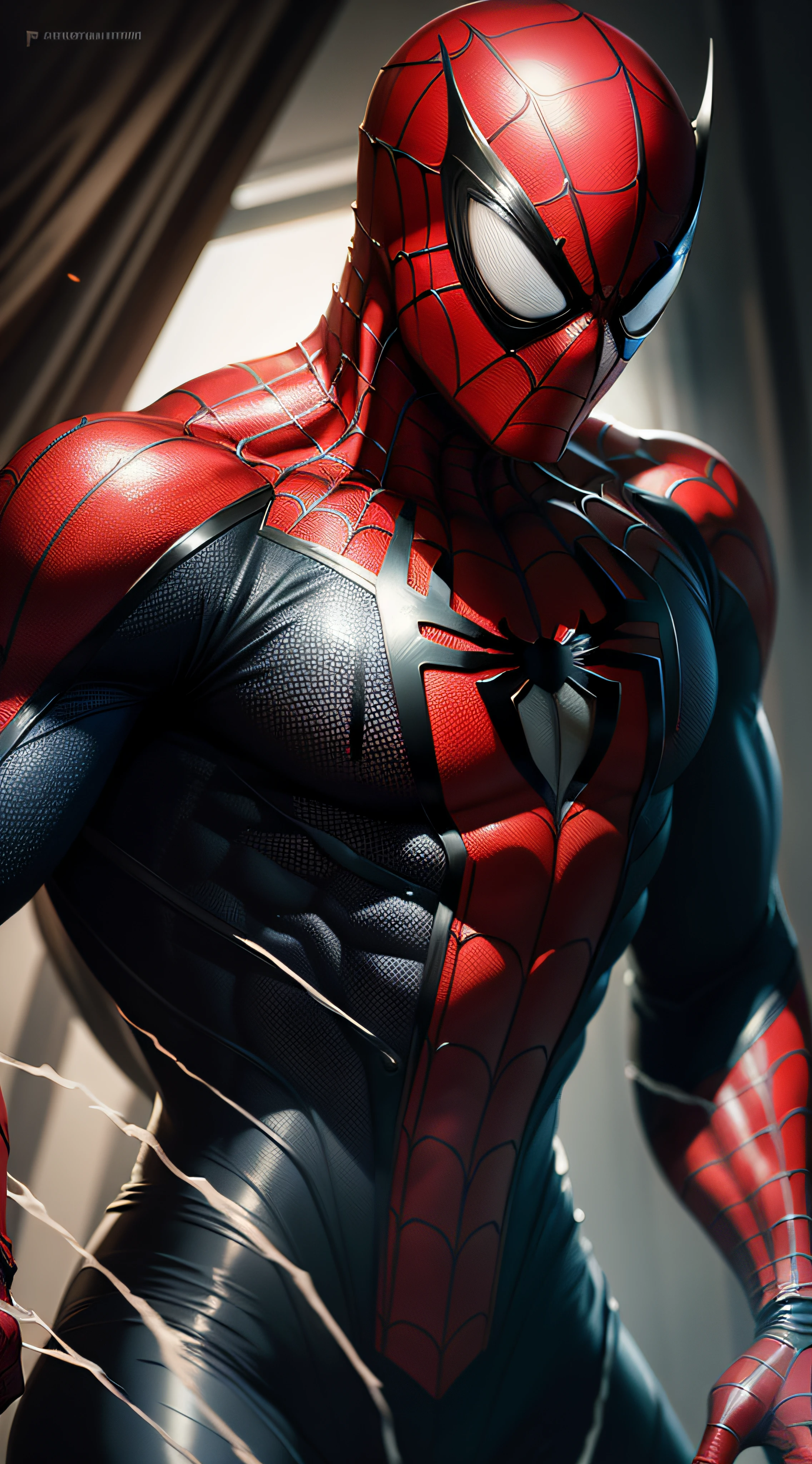 Spider - man in a black and red suit standing in front of a window - SeaArt  AI