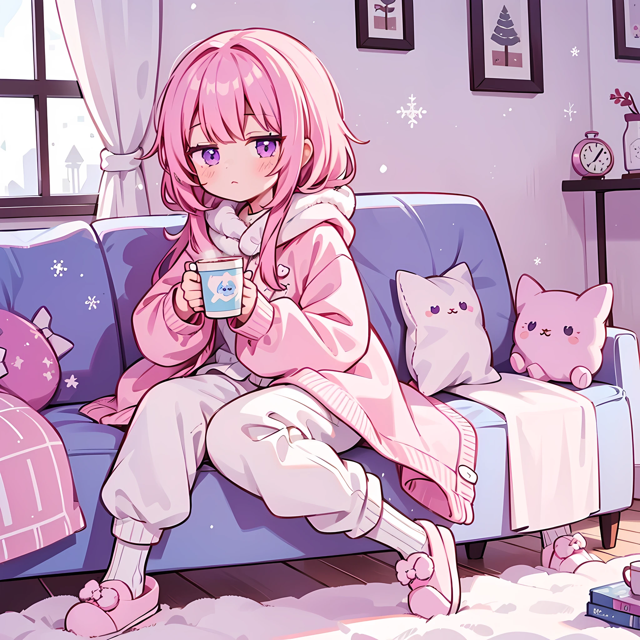 1 girl, solo, sugar pink hair, fluffy hair, cute little girl, purple eyes, looking at viewer, sitting on a couch, snowing outside, window, snowing scenery window, holding hot chocolate, steaming hot drink, fluffy clothes, sweather, (pants), socks, (cute slippers), cozy room, pastel colors