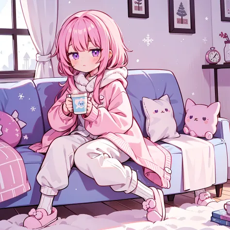 1 girl, solo, sugar pink hair, fluffy hair, cute little girl, purple eyes, looking at viewer, sitting on a couch, snowing outsid...
