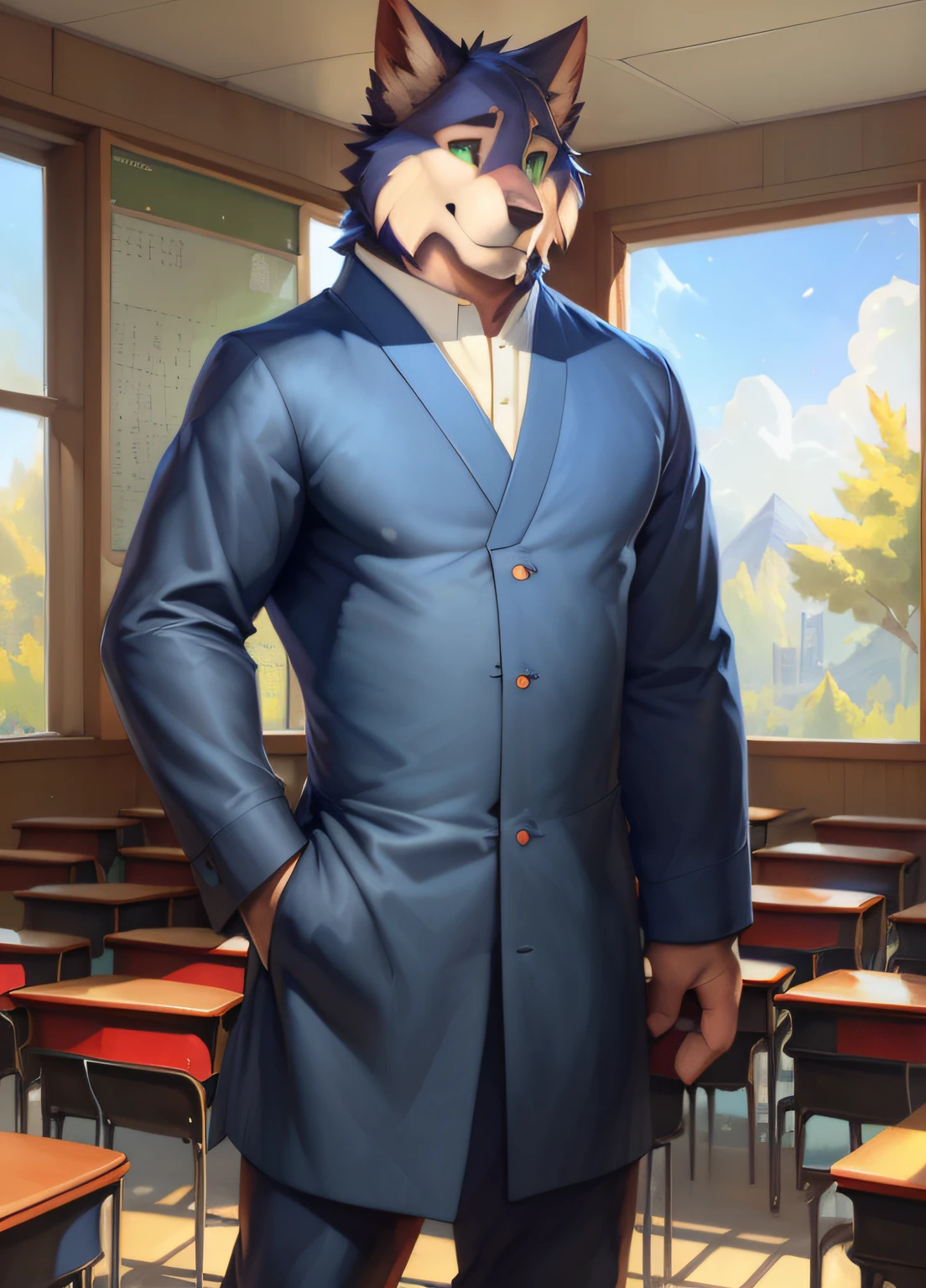 shoichi, uploaded on e621, by Pixelsketcher, by Bayard Wu, by Thomas Benjamin Kennington , by Einshelm, solo, adult full body, school uniform, shcool, classroom, green eyes, detailed background, dark blue uniform, japanese uniform