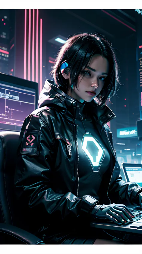 "hacker woman: futuristic cyberpunk neon lights hacker aesthetic, glowing code matrix, intense focus, hacking into the mainframe, surrounded by cutting-edge technology, digital network, binary code streaming, hacker tools and gadgets, dark and mysterious b...