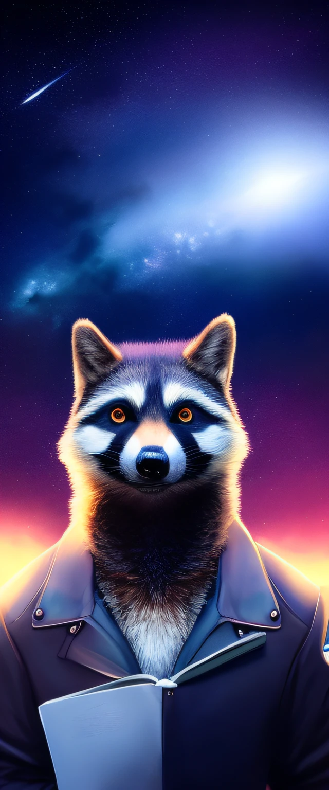 , mammal, solo, anthro, star, orange eyes, hi res, looking at viewer, fur, procyonid, sky, space, light, raccoon, fluffy, black nose, bust portrait, male, portrait, grey body, wolf, white body, detailed background, front view, looking down, text, starry sky, white fur, tuft, canid