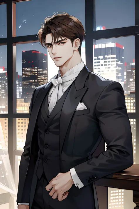 (hoang lap, k hd, ultra - detailed), (1male people, Single, AS-Adult,   mature:1.4, Idade:1.4, 年轻, Tall muscular man, Handsome), Very short hair, brunette color hair, Hair oil, with brown eye,(Pointed chin:1.4,Thick neck:1.4,),Break,Night,Dark,Look at the ...