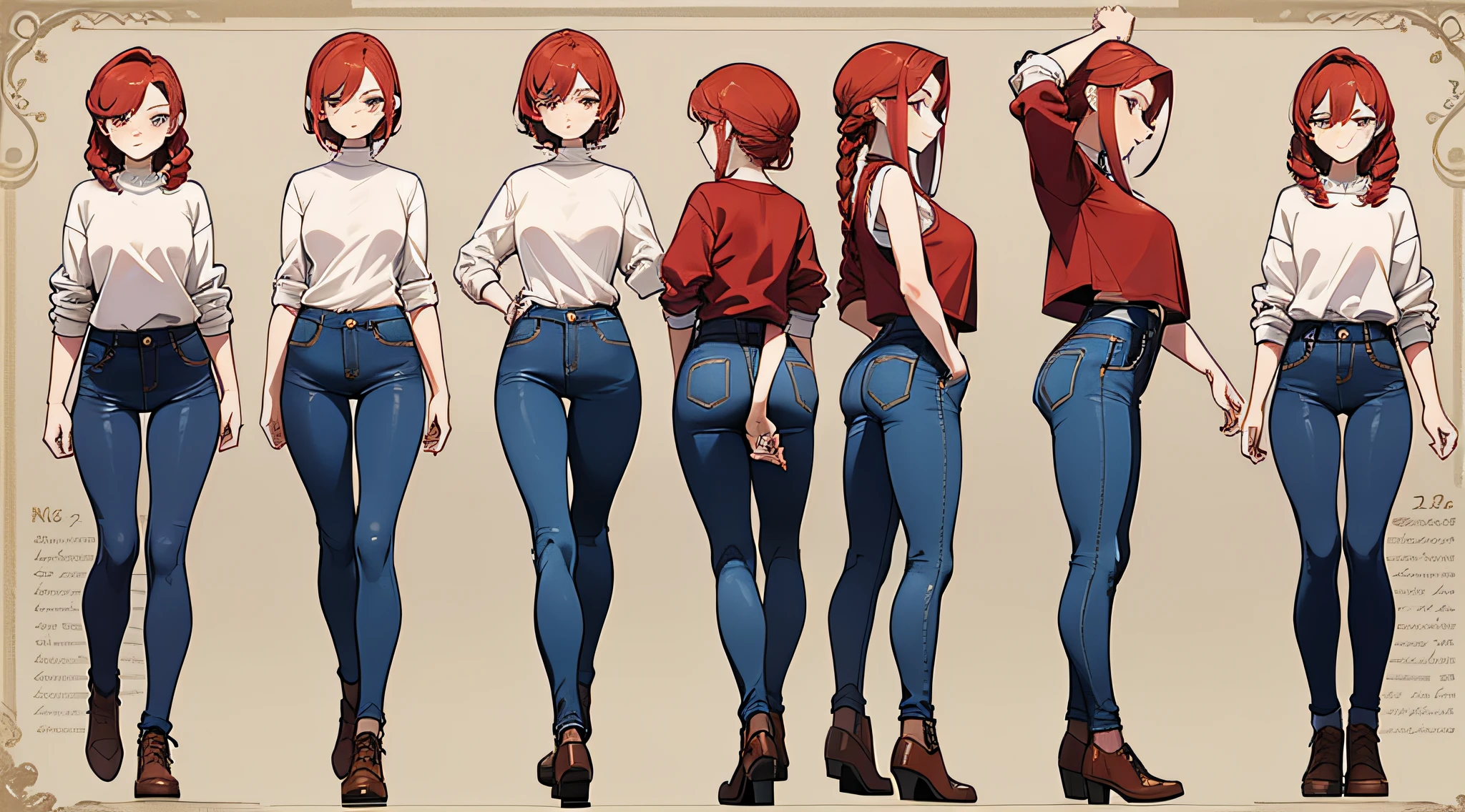 21 year old, redhead girl, armpit lenght hair (((narroweyes))) (((slightly awkward shy gaze))) jeans and pullover, ((corkscrew hairstyle)) detailed character sheet, frontal view, side view, three quarter view,