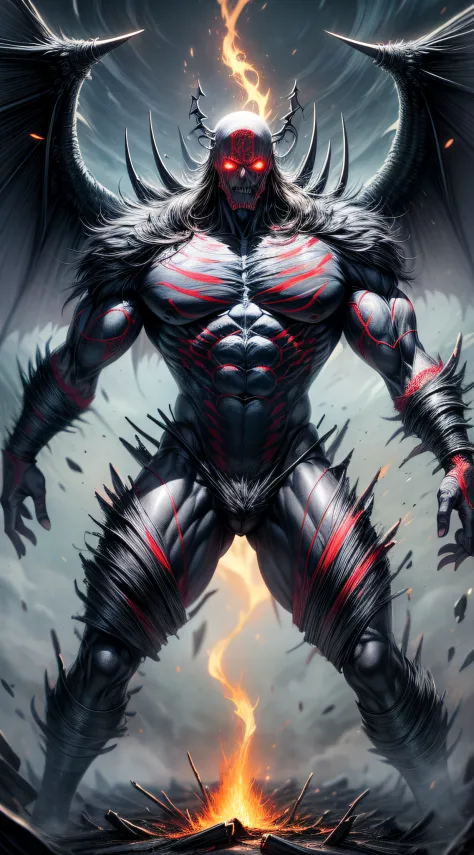 ((masterpiece)), ((best quality)), (ultra-detailed), ((extremely detailed)), 1man, shinigami known as god of death, large, strong, extremely robust, eyes red, eyes emitting glow intense, body emanating energy, body emanating steam, gigantic black wings on ...
