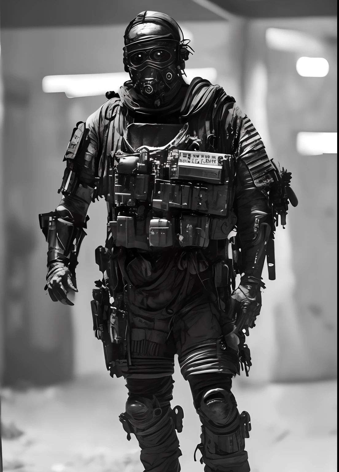 Syberart, cinematographic scene, portrait of soldier Spec Ops lurking in the abandoned underground SCP complex, escuro, sombrio, dramatic, estranho, uniforme preto, balaclava, sas, GSG-9, swat, Tactical equipment, luz artificial