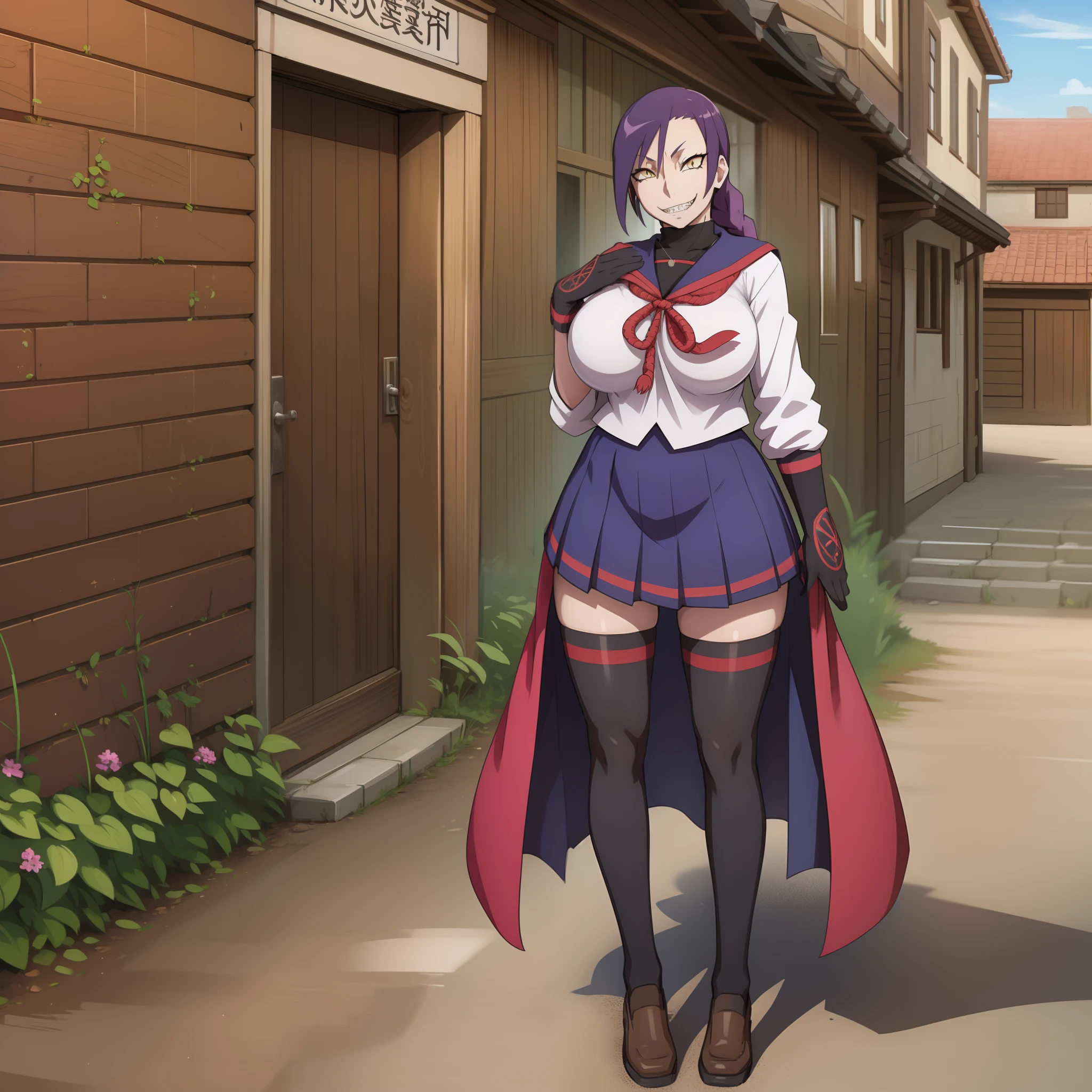 masterpiece, best quality:1.2), cowboy shot, solo, 1girl, chikujoin magane, sharp teeth, evil grin, looking at viewer, hand on hip, single braid, school uniform, serafuku, pleated skirt, thighhighs, (gloves:1.1), huge breast, thicc, curvy, full body, long skirt, priestess, medieval village, full body, long skirt, europe, long dress, very long skirt, long dress, long robe, corsep