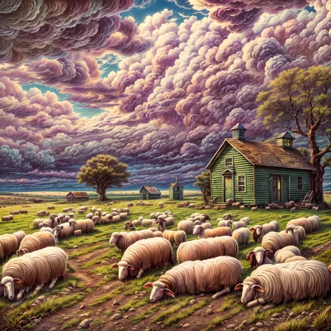 Hyperdetailed illustration, (at that time the sheep called to him From their wormy bellies, as they Lay bloating in the field. He was A pastoralist, The schoolhouse hardly handsize In a sky of flax), pastoral landscape, vivid imagery conveying a sense of i...