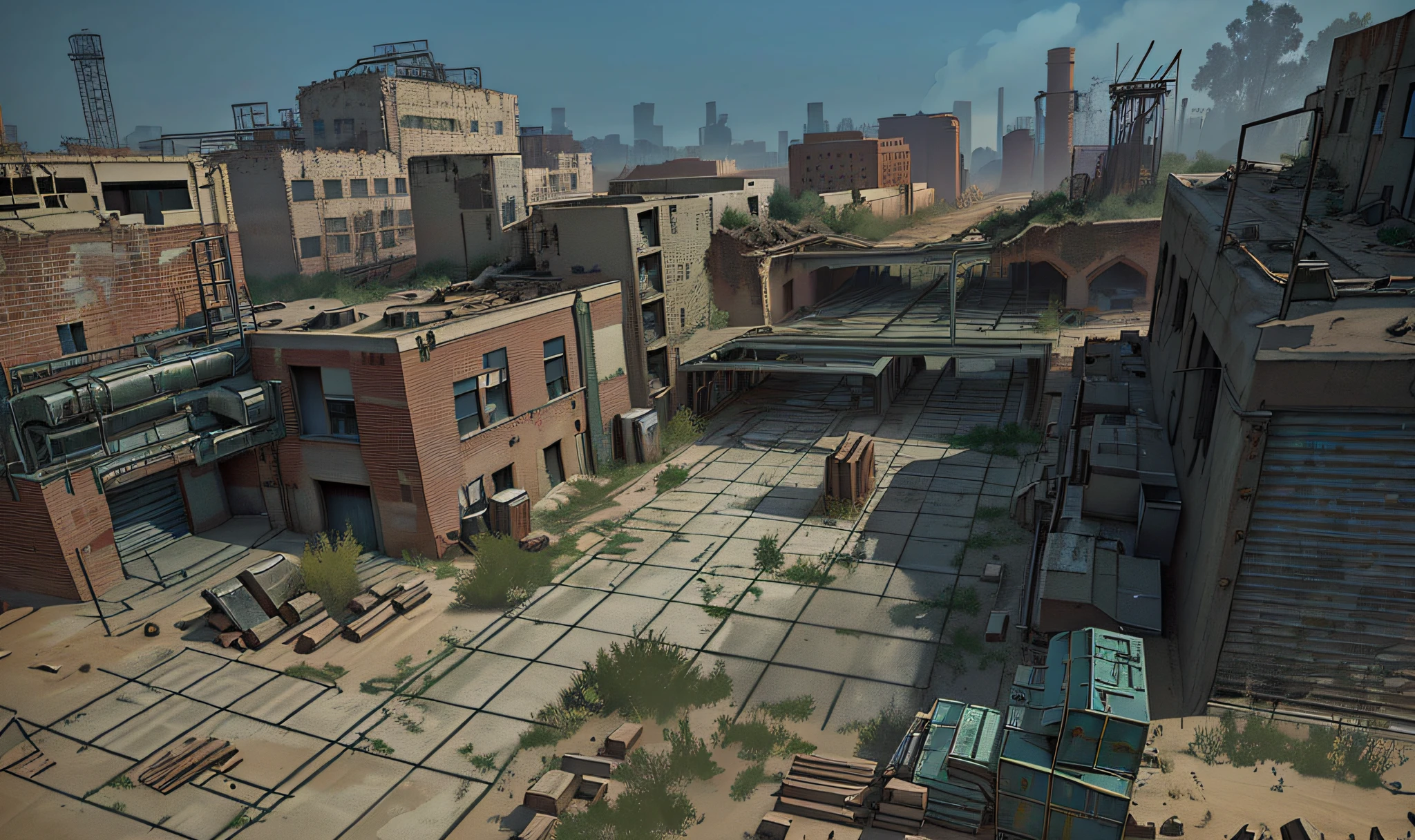 There are photos of brick buildings, warehouses near the city with a large number of buildings, Photo of an abandoned factory in the desert overgrown with vines, Containers, Boxes, Broken floor slabs, covered with sand, Dirty street background, Screenshot from the game, industrial setting, ingame image, Ландшафт Airsoft Arena, Industrial Environment, Realistic scene, Hyper-detailed scene, Industrial Environment, highly detailed scene, game cg, Steam Workshop Maps, Shot in the game, An asset of the RPG gaming environment