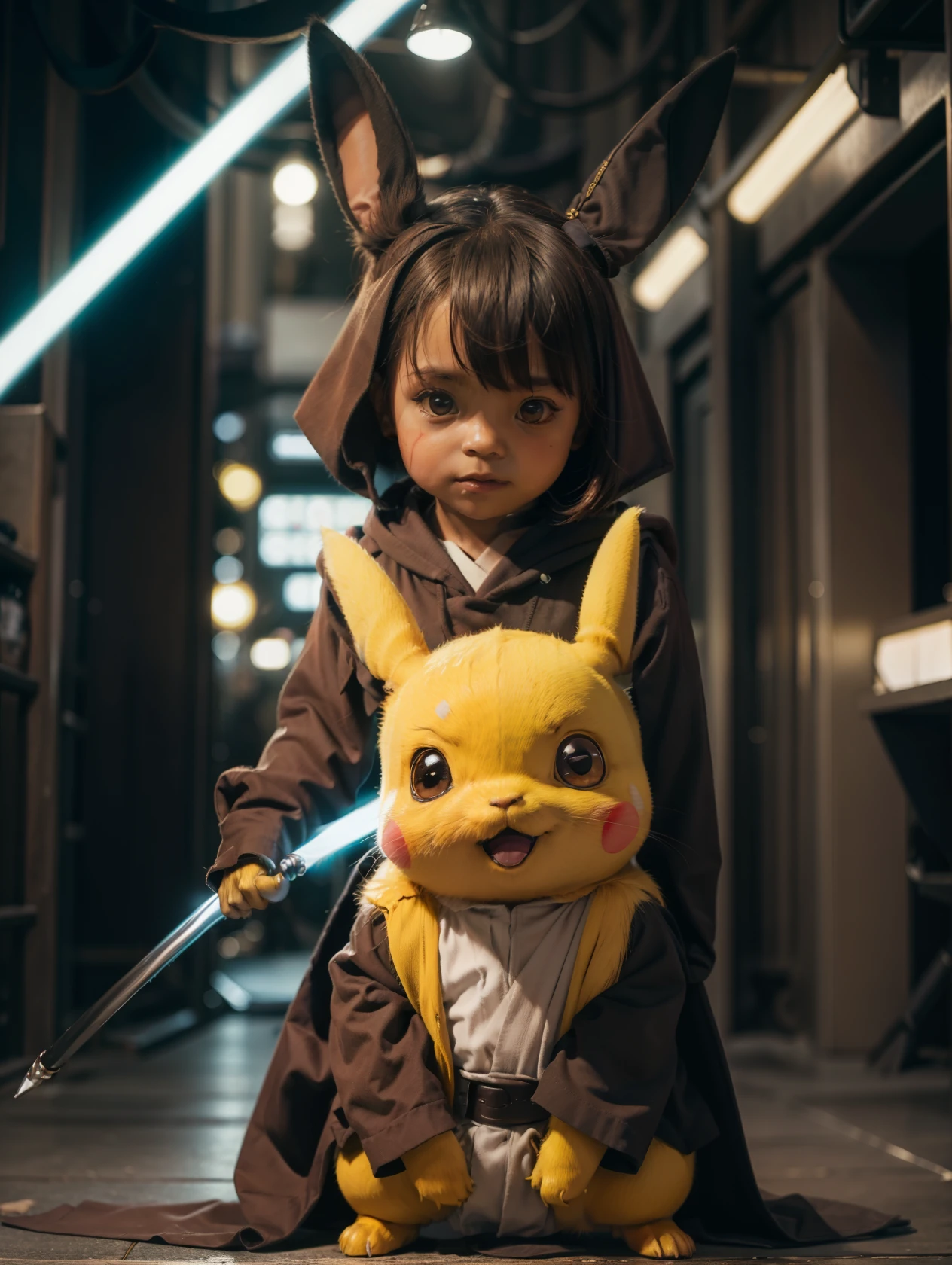 Picachu in black Jedi outfit, holding a yellow lightsaber, background city in ruins