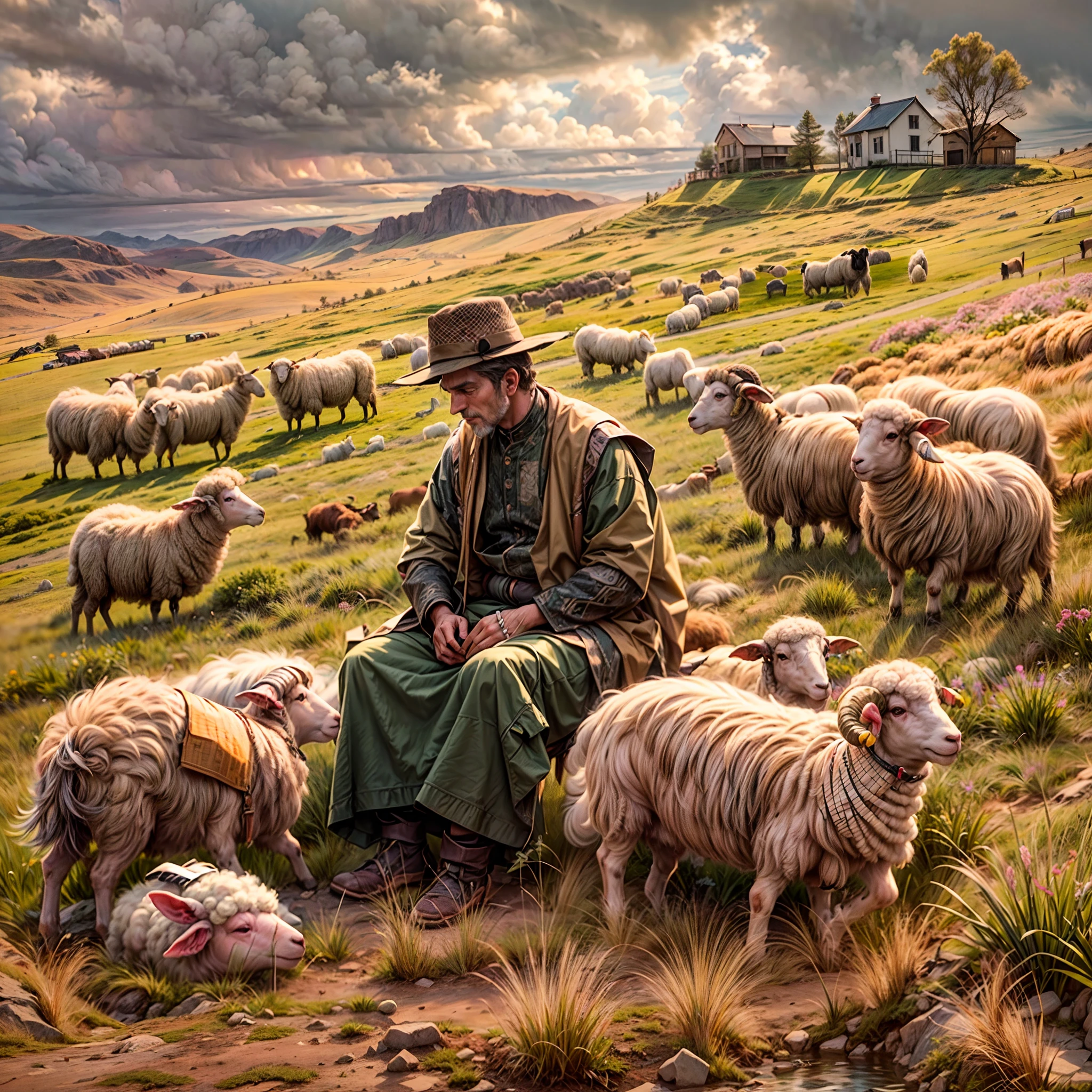 Hyperdetailed illustration, pastoral landscape, vivid imagery conveying a sense of isolation and loneliness, A ((pastoralist)) in his remote and desolate surroundings, (Shepard's crook), flaxen sky, ((bloated sheep lay)) in his field, desolation and decay, (tiny schoolhouse in the distance), PsyAI, BREAK 

(At that time the sheep called to him From their wormy bellies, as they Lay bloating in the field. He was A pastoralist, The schoolhouse hardly handsize In a sky of flax.), PsyAI.