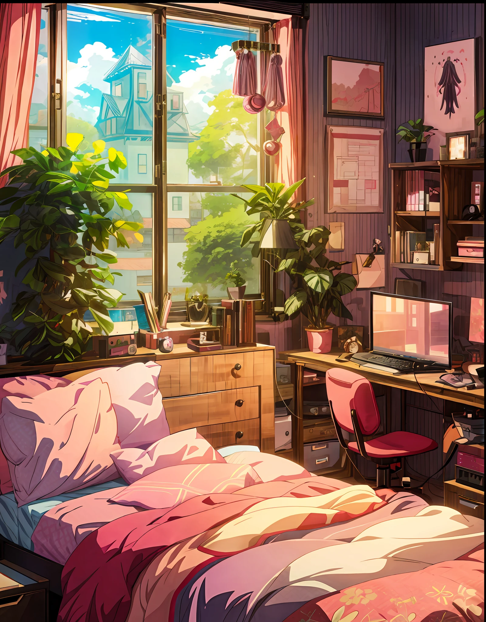 there is a bed with a pink comforter and a computer on it, anime background art, anime background, personal room background, anime scenery, rpg maker style bedroom, relaxing environment, anime art wallpaper 4k, anime art wallpaper 4 k, detailed scenery —width 672, anime art wallpaper 8 k, cozy environment, relaxing concept art, anime style 4 k