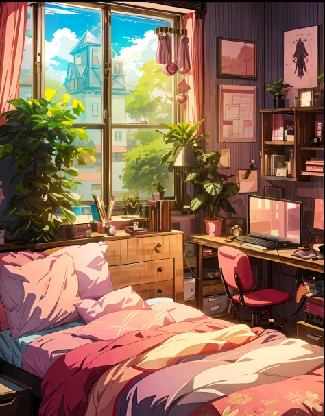 there is a bed with a pink comforter and a computer on it, anime background art, anime background, personal room background, ani...