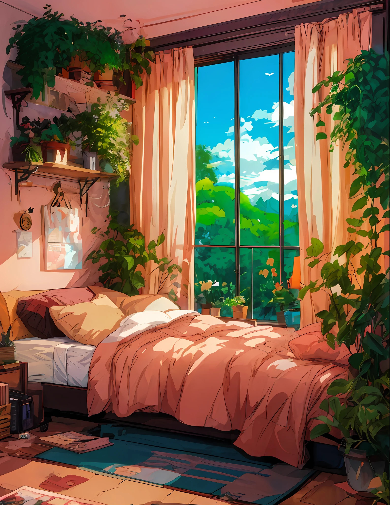 Es gibt ein Bett mit einer rosa Bettdecke und ein Fenster mit Aussicht, Anime-Ästhetik, lofi artstyle, Anime-Stimmung, ein sonniges Schlafzimmer, beruhigende und gemütliche Landschaft, entspannende Umgebung, Anime-Hintergrundkunst, Raum voller Pflanzen, Gemütliches Zimmer, Anime-Landschaft, Lo-Fi-Illustrationsstil, gemütliches Plätzchen, lofi art, entspannende Atmosphäre