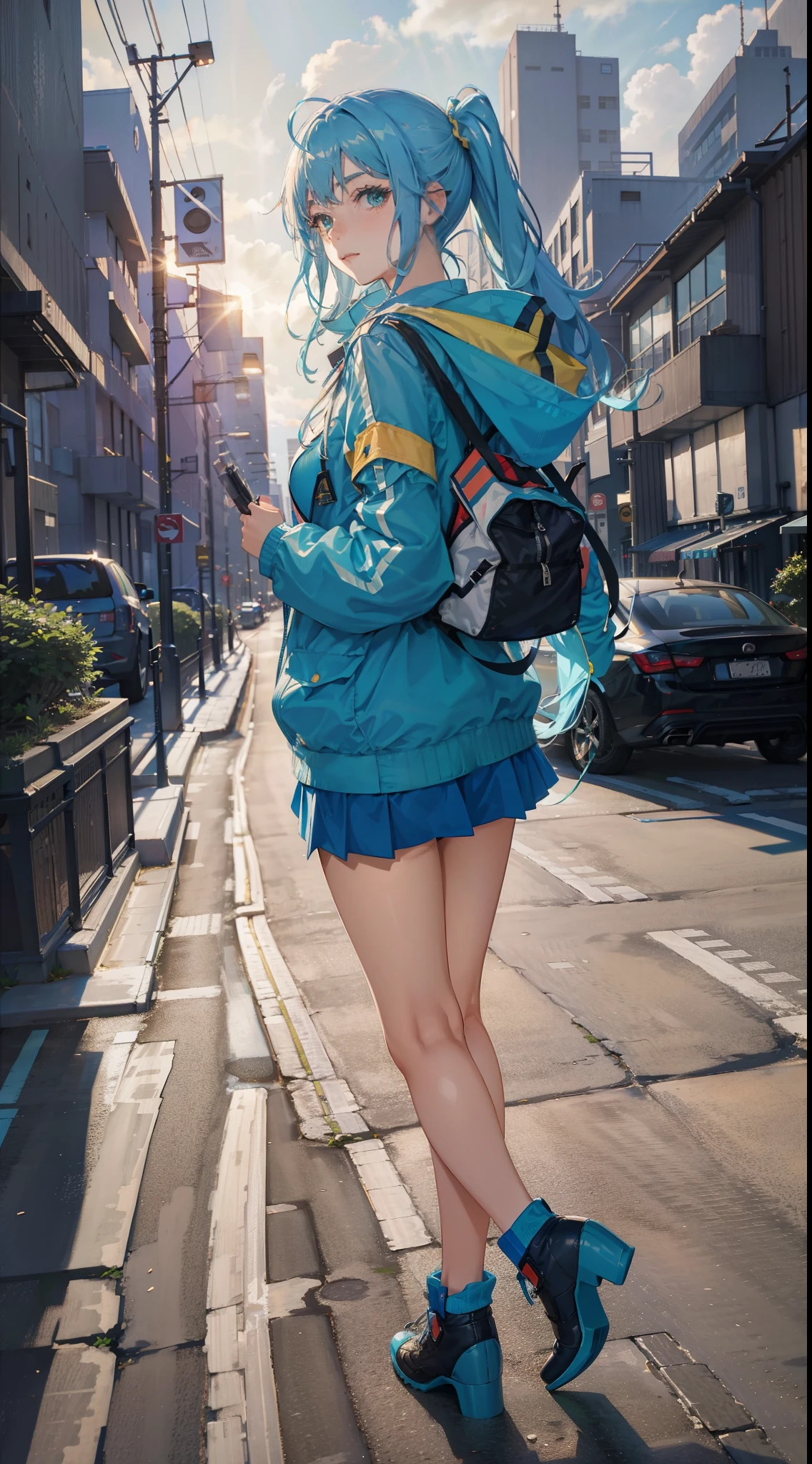 anime woman with blue hair, wearing shiny ocean blue adiddas jacket, in the city, lots of buildings behind her, night, city lights, dynamic light, close up