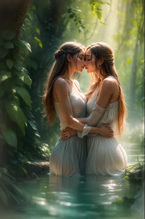 Two young women embracing under a cascading waterfall in a hidden jungle oasis, their lips meeting in a passionate kiss. Sunlight filters through the dense foliage, creating dappled patterns on their entwined bodies. Delicate droplets of water cling to the...