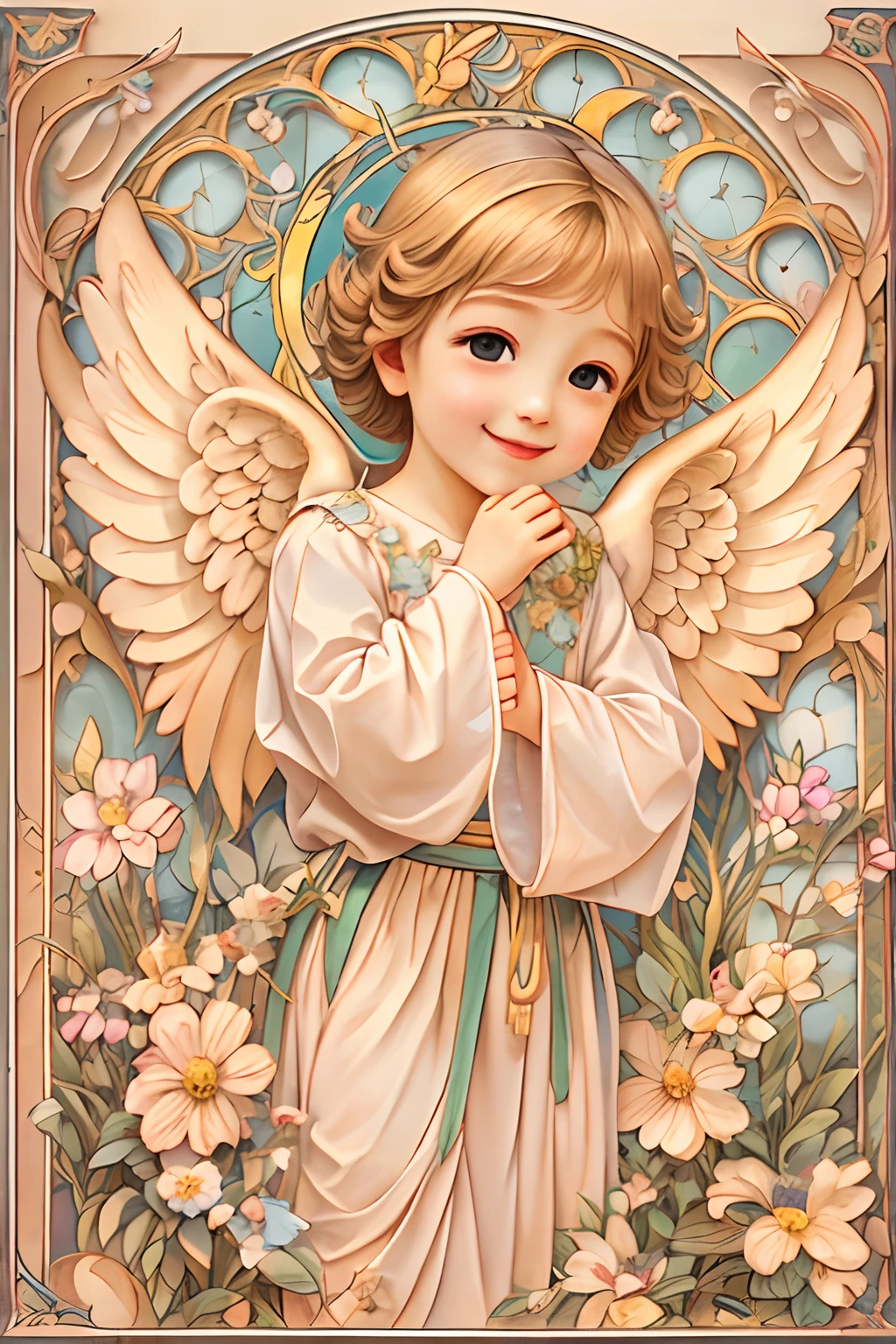 천사의 축복､밝은 배경、하트마크、유연함､미소、온화한､아기 천사、아르누보