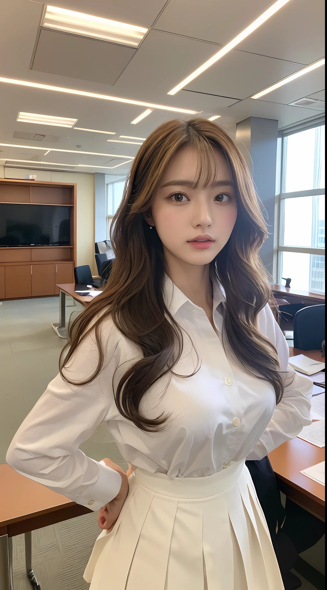 - [ ] photorealistic:1.37, masterpiece, best quality, raw photo, absurdres, uhd, 1girl, wavy hair, brown hair , looking at viewer, in the large meeting room of the office in the high tower office building in  Tokyo ,Tokyo tower,intricate detail, detailed background, detailed skin, pore, highres, hdr , presentation to ten men , beautiful model, soft light to the face,JP_MODELS , midium breasts, a 30 yo woman ,((white uniform shirts))