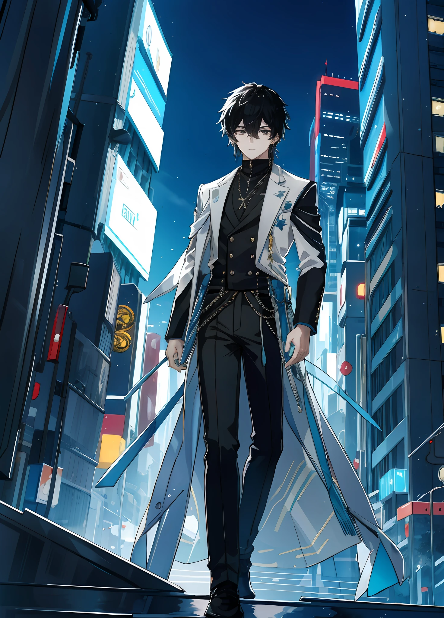 On the vibrant skyline of a modern fantasy city, An 18-year-old boy stands out with black hair that contrasts with his white skin, and silver eyes that seem to reflect the neon lights that illuminate the city. Viste un elegante traje negro adornado con sutiles detalles dorados que brillan bajo las luces de la ciudad. El manto largo que lleva agrega un toque distintivo a su figura, mientras se mueve entre rascacielos y pantallas de hologramas. en el fondo, The city comes alive with rivers of light and futuristic buildings that defy the imagination. Este es tu protagonista, A contemporary enigma in an urban world full of wonders and dreamy technology.