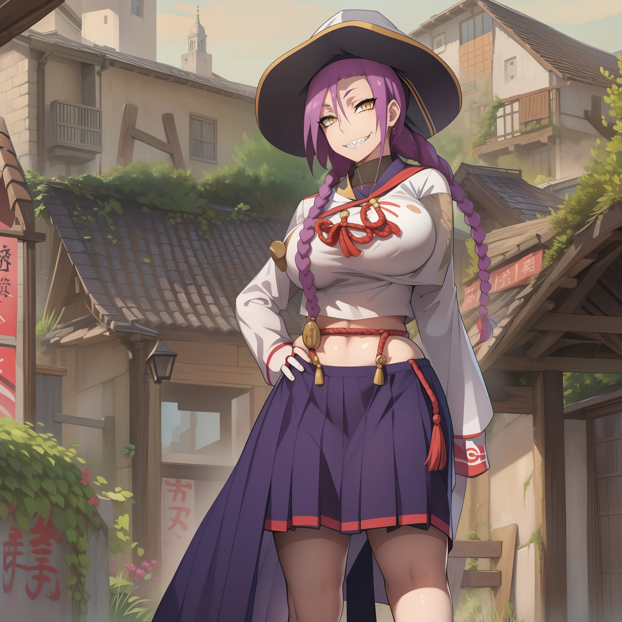 masterpiece, best quality:1.2), cowboy shot, solo, 1girl, chikujoin magane, sharp teeth, evil grin, looking at viewer, hand on hip, single braid, school uniform, serafuku, pleated skirt, thighhighs, (gloves:1.1), huge breast, thicc, curvy, full body, long skirt, priestess, medieval village, full body, long skirt, europe, long dress, very long skirt, long dress, long robe, corsep