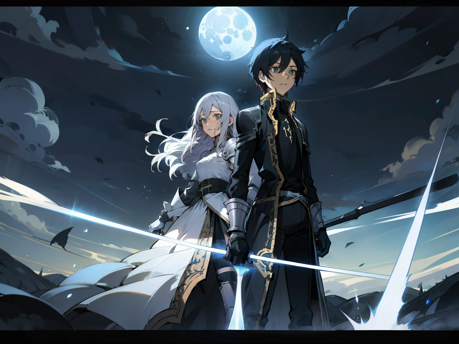 kirito com luna runcandel em um campo. frente a frente conversando. Luna Runcandel wears armor on her body already Kirito does not. entre eles ha raiva