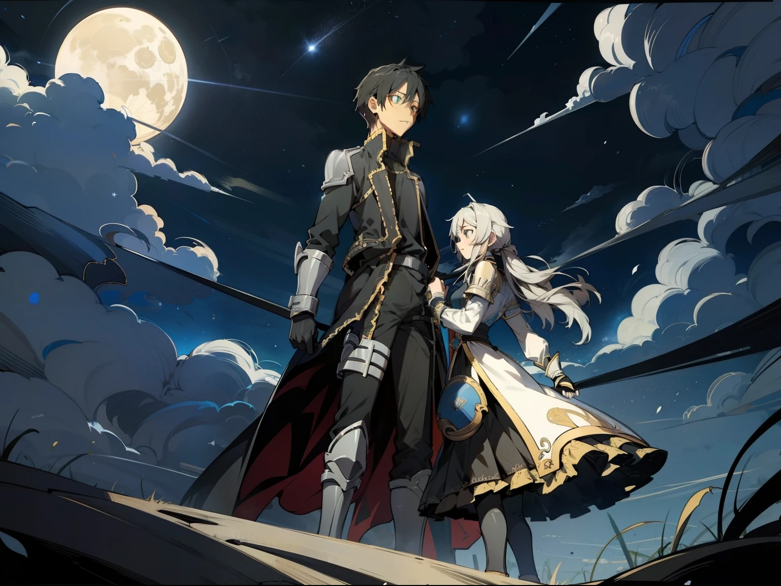 kirito com luna runcandel em um campo. frente a frente conversando. luna runcandel usa uma armadura em seu corpo