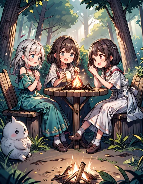 Four young women, their laughter echoing in the air, gather around a cozy campfire on a starlit night. They sit on logs, their f...