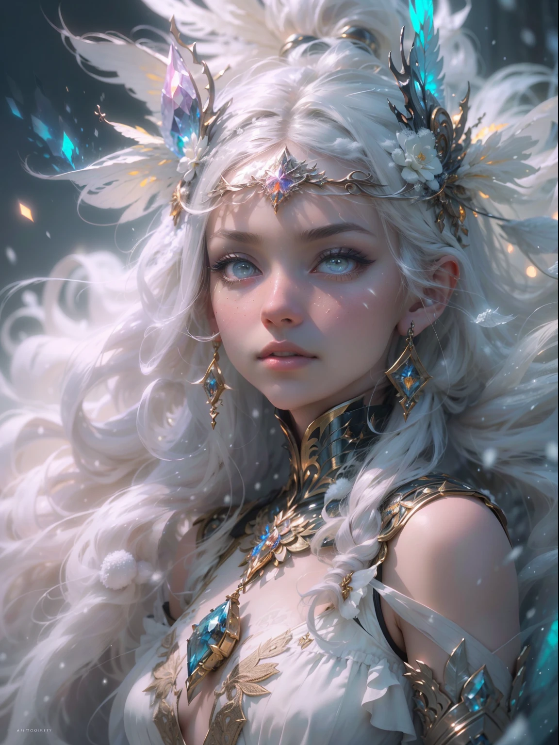 (((masterpiece))), (((best quality))), ((ultra-detailed)),(highly detailed CG illustration), ((an extremely delicate and beautiful)),cinematic lighting. This is a realistic fantasy artwork with contrasting colors and a very mysterious aura. Generate a pale woman with ((pure white skin)) and bold, colorful eyes. (((Her skin is whiter than snow - the whitest thing to ever exist))). Her face is extremely detailed with realistic shading and her eyes are extremely detailed with absurdly high resolution and bright, bold colors. She has soft, puffy lips. Include many fantasy details such as soft white feathers, beautiful French silk, delicate embroidery, snow, iridescence detailing, phantasmal iridescence detailing, and glitter. The character in the artwork is a delicate but strong petite figure with an aura of mystery and magic. The character's clothing should be designed with gossamer feathers, silk, stunning embroidery, and subtle iridescent details. Incorporate dreamy colors, dynamic lighting, and detailed background elements to create a sense of awe and immersion.  Consider the latest trends in fantasy art, such as incorporating unique lighting effects, exploring dynamic and compelling composition techniques, and experimenting with unique color palettes. Take inspiration from the top artists on ArtStation and Midjourney. Camera: Choose an angle that highlights the character's beauty and enhances the magical majesty of the artwork. Lighting: Utilize atmospheric lighting techniques to create depth and mood. Resolution: Aim for a high-resolution artwork to showcase intricate details and clarity. Art Inspirations: Seek inspiration from the trending artists on ArtStation, exploring different styles, genres, and themes.