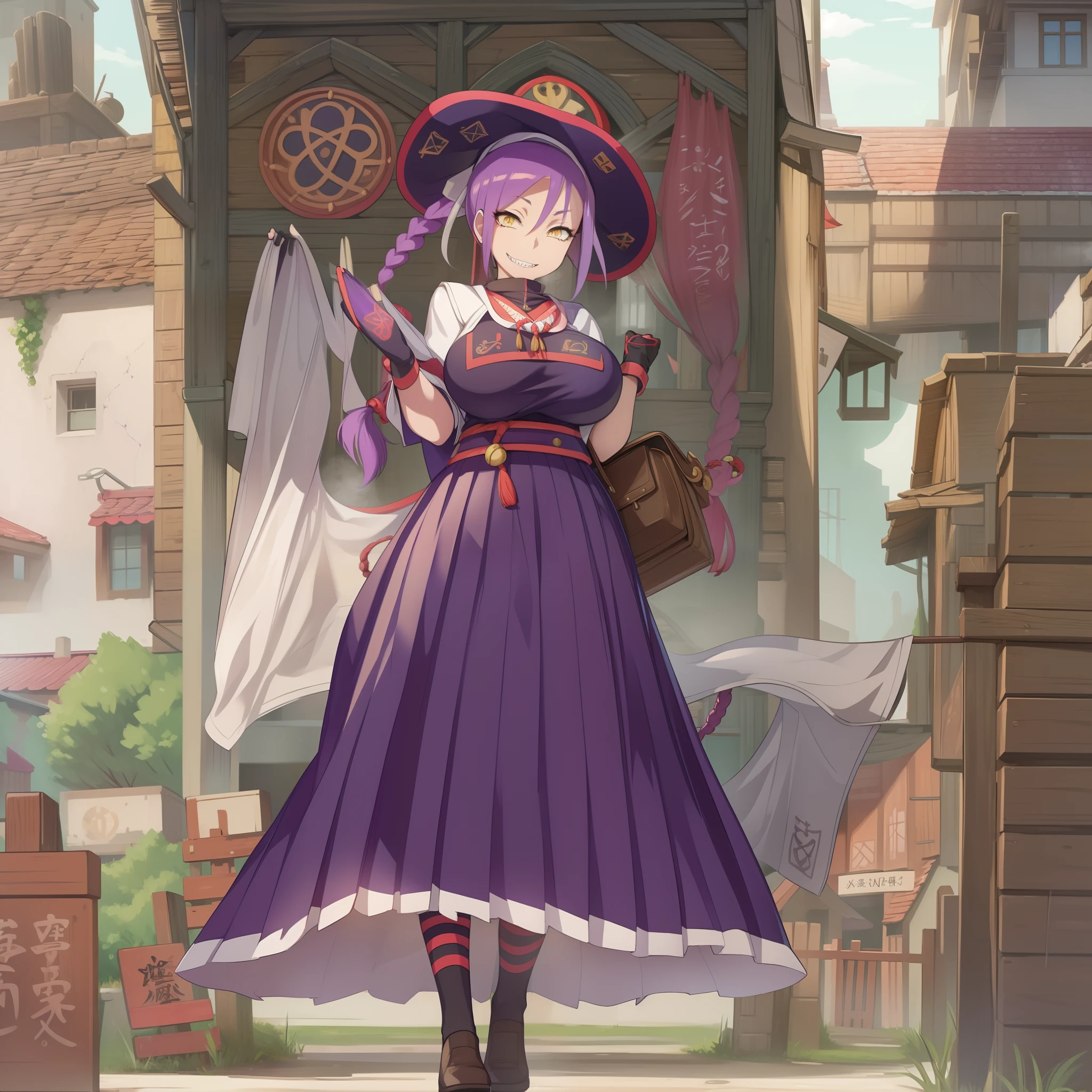 masterpiece, best quality:1.2), cowboy shot, solo, 1girl, chikujoin magane, sharp teeth, evil grin, looking at viewer, hand on hip, single braid, school uniform, serafuku, pleated skirt, thighhighs, (gloves:1.1), huge breast, thicc, curvy, full body, long skirt, priestess, medieval village, full body, long skirt, europe, long dress, very long skirt, long dress, long robe, corsep