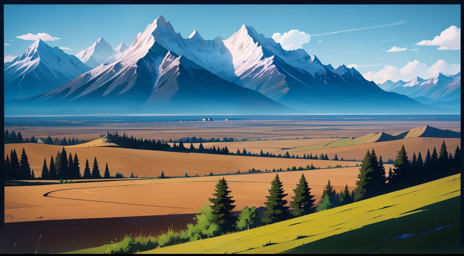 A flat terrain setting with mountains in the background