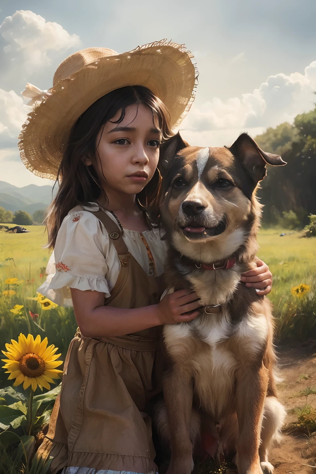 There is a brown Mexican gypsy girl in typical Mexican clothes and a dog standing in a field, painting digital adorable, Ross Tran 8 K, Arte infantil em Artstation, pintura digital altamente detalhada, Ross Tran e Michael Whelan, Norman Rockwell Ross Tran, Estilo de pintura realista, Estilo de pintura super realista, wlop e ross tran, pintura digital altamente detalhada, Estilo de arte realista, pintura digital muito detalhada