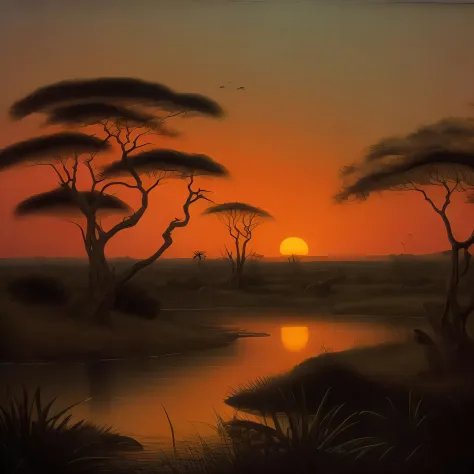 detailed safari sunset against a black backdrop by martin johnson heade, artstation