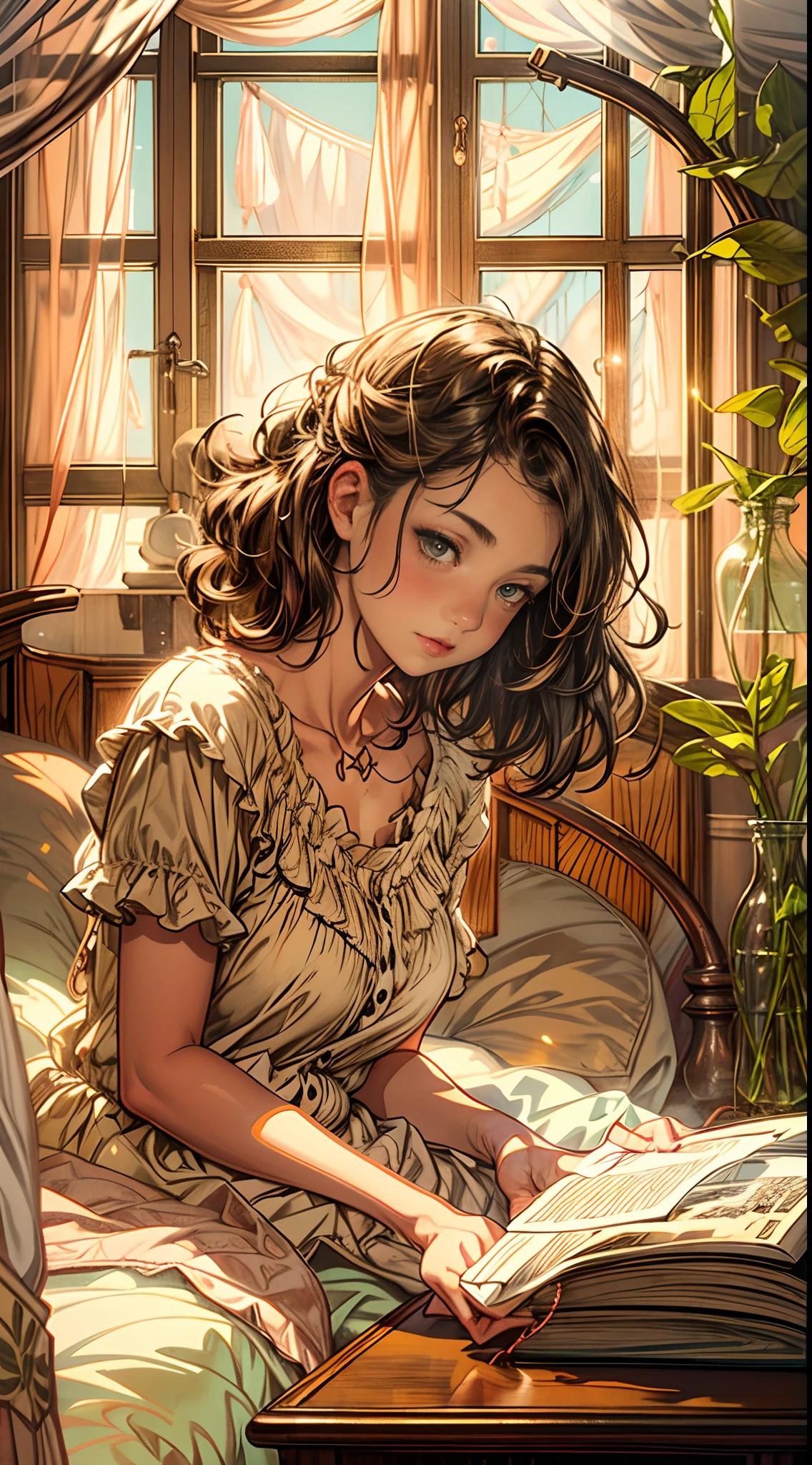 A girl is reclining on the bed, her head tilted slightly to the side, her feet elegantly crossed at the ankles, a book held delicately in her hands, the soft glow of a bedside lamp casting a warm pool of light on the pages, her expression one of quiet contemplation, the room adorned with vintage decor and earthy colors, invoking a sense of nostalgia and intellectual tranquility, Illustration, digital painting, warm color palette with subtle sepia tones