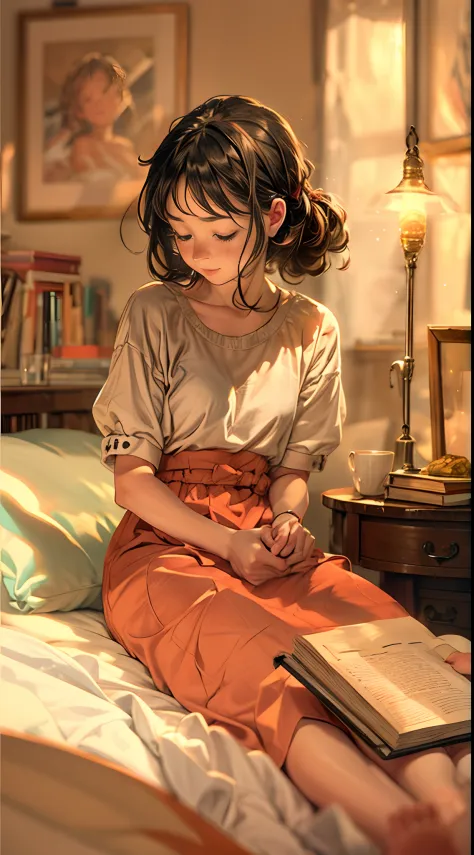 A girl is reclining on the bed, her head tilted slightly to the side, her feet elegantly crossed at the ankles, a book held deli...