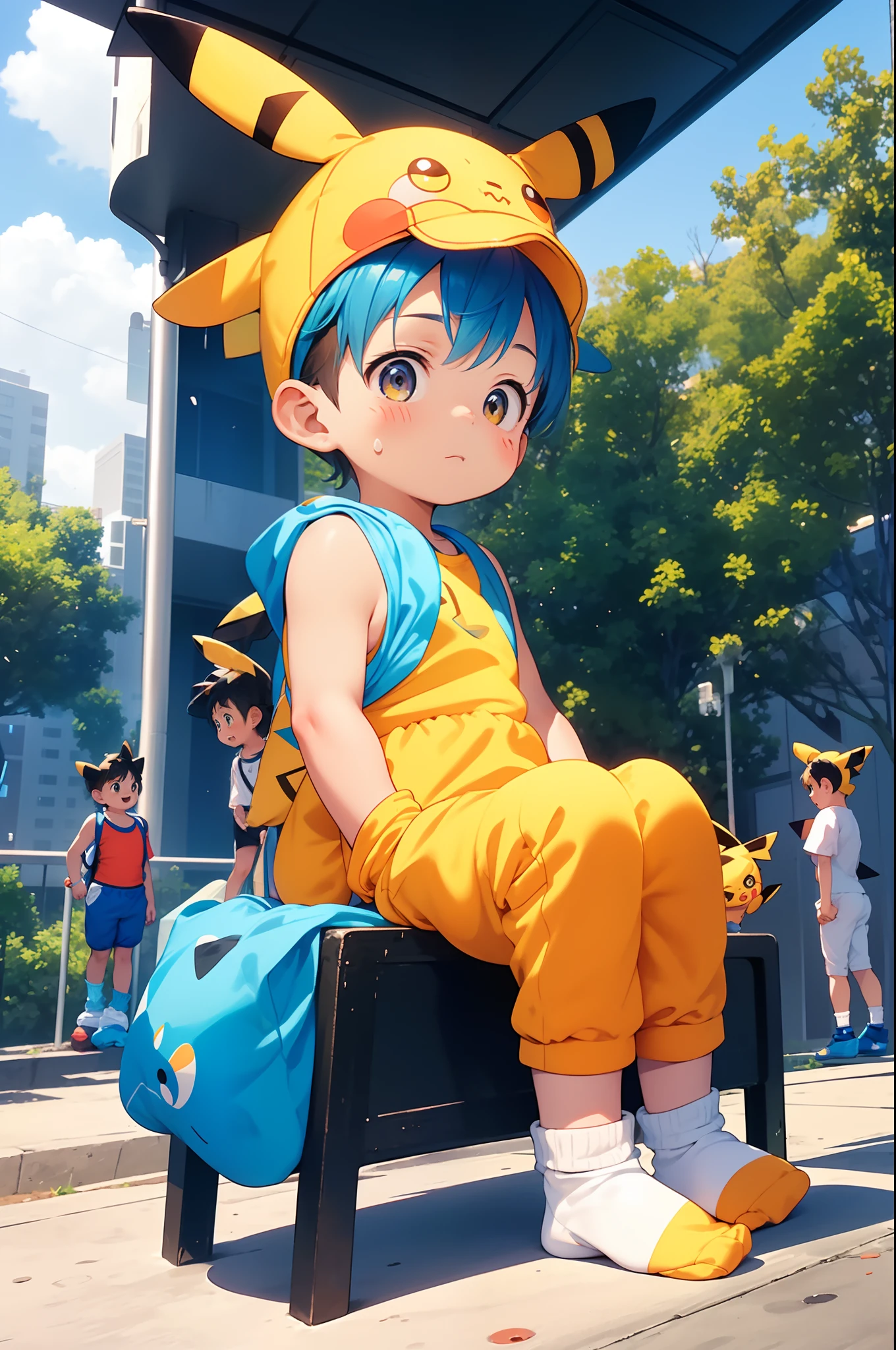 chubby Little chico with blue hair and shiny orange eyes and yellow medias wearing a Disfraz de Pikachu sitting on a bench in a park, joven, chico, , pequeño, niño pequeño, (niño:1.4), (chico:1.4), (shota:1.4), (pantalones deportivos:1.4), (Disfraz de Pikachu:1.6), (medias:1.8),