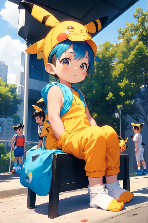 chubby Little boy with blue hair and shiny orange eyes and yellow socks wearing a pikachu costume sitting on a bench in a park, ...