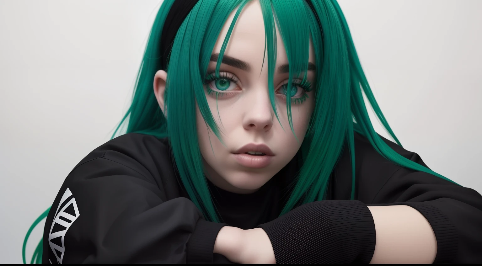 A close up of a person with green hair and a black shirt - SeaArt AI