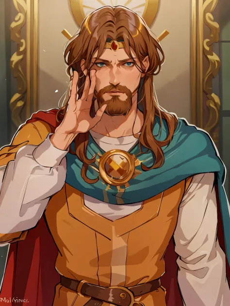 knyazkov, 独奏, blue eyes,  sle,  brown hair, 1boy,   male focus, cape, facial hair, crown headbutt, beard, whiskers,  masterpiece...