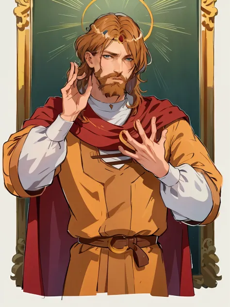 knyazkov, 独奏, blue eyes,  sle,  brown hair, 1boy,   male focus, cape, facial hair, crown headbutt, beard, whiskers,  masterpiece...