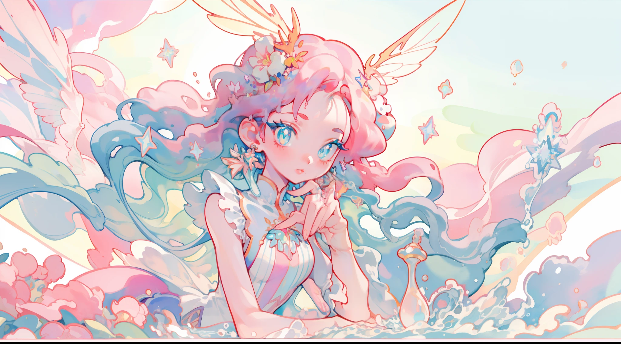 masterpiece, best quality, sharp focus, 8k, intricately detailed environment, anime, watercolor illustration, colorful, bright colors, whimsical, glowing lights, liquid otherworldly, fairy lights, beautiful girl in flowing liquid glowing dress, perfect face, golden ratio, sparkling eyes, watercolor, liquid light, angel wings