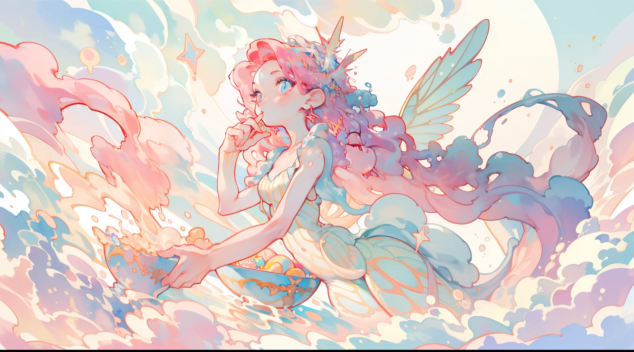 masterpiece, best quality, sharp focus, 8k, intricately detailed environment, anime, watercolor illustration, colorful, bright colors, whimsical, glowing lights, liquid otherworldly, fairy lights, beautiful girl in flowing liquid glowing dress, perfect face, golden ratio, sparkling eyes, watercolor, liquid light, angel wings