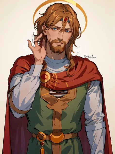 knyazkov, 独奏, blue eyes,  sle,  brown hair, 1boy,   male focus, cape, facial hair, crown headbutt, beard, whiskers,  masterpiece...