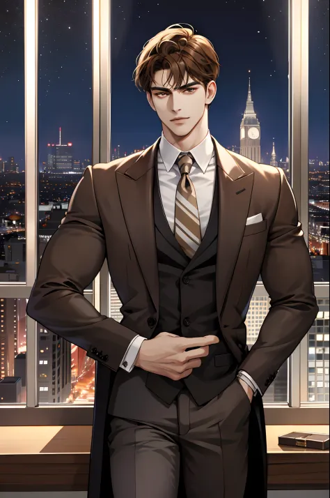 (modern day, k hd, ultra - detailed), (1male people, solo person, AS-Adult,   mature:1.4, Idade:1.4, 年轻, Tall muscular man, Handsome), Very short hair, brunette color hair, Hair oil, with brown eye,(Pointed chin:1.4,Thick neck:1.4,),the night,Dark,Look at ...